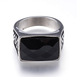 Antique Silver 304 Stainless Steel Wide Band Rings, with Natural Black Agate, Rectangle, Antique Silver, Size 9, 19mm