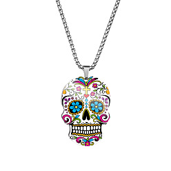 Sky Blue Stainless Steel Skull with Flower Pendant Necklaces, Halloween Jewelry for Women, Sky Blue, 23.62 inch(60cm)