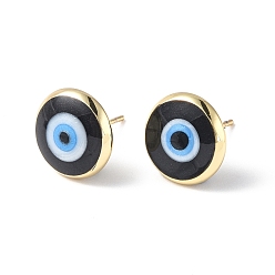 Noir Boucles d'oreilles en émail mauvais œil, bijoux en laiton plaqué or véritable 18k pour femmes, noir, 12mm, pin: 0.8 mm