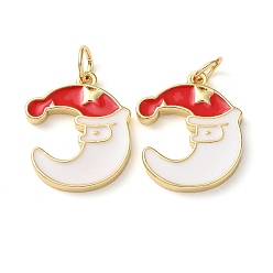 White Christmas Rack Plating Brass Pendants, with Jump Ring and Enamel, Long-Lasting Real 18K Gold Plated, Cadmium Free & Lead Free, Moon with Christmas Hat Charm, White, 17x14x2mm, Hole: 3.4mm