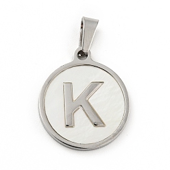 Letter K 304 Stainless Steel with White Shell Pendants, Stainless Steel Color, Flat Round with Letter Charm, Letter.K, 18x16x1.5mm, Hole: 3x6mm