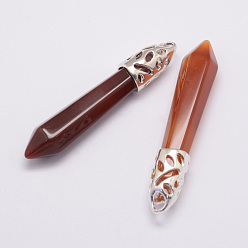 Carnelian Natural Carnelian Big Pointed Pendants, with Alloy Findings, Bullet, Platinum, 57~63x13x10mm, Hole: 3x4mm