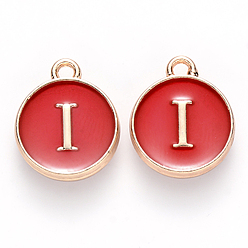 Letter I Golden Plated Alloy Charms, with Enamel, Enamelled Sequins, Flat Round, Red, Letter.I, 14x12x2mm, Hole: 1.5mm, 50pcs/Box