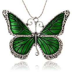 Green Alloy Enamel Big Pendants, Butterfly, Antique Silver, Green, 64x86x3mm, Hole: 3.5mm and 2.5mm