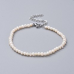 White Natural Freshwater Pearl Beads Bracelets, with 304 Stainless Steel Extender Chains and Burlap Packing Pouches Drawstring Bags, White, 7-1/2 inch(19.2cm)