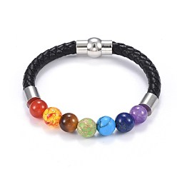 Mixed Stone Chakra Jewelry, Leather Cord Bracelets, with Natural & Synthetic Mixed Gemstone, Brass Magnetic Clasps and 304 Stainless Steel Cord Ends, 7-1/2 inch(19cm), 6mm