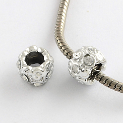 Crystal Alloy Rhinestone Rondelle Large Hole Beads, Silver Color Plated, Crystal, 11.5x8mm, Hole: 5~5.5mm