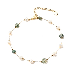 Agate Mousse Bracelet de cheville en agate mousse naturelle et perle, bijoux en acier inoxydable plaqué or pour femme, 9.65~9.92 pouces (245~252 mm)