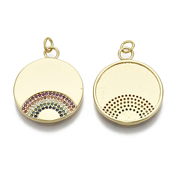 Coloré Micro cuivres ouvrent pendentifs zircone cubique, avec anneau de saut, sans nickel, rond plat avec arc-en-ciel, réel 16 k plaqué or, colorées, 27x22x2mm, Trou: 3mm
