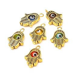 Mixed Color Tibetan Style Alloy Lampwork Pendant, with Rotatable Handmade Evil Eye, Hamsa Hand, Mixed Color, 18.5x13x4mm, Hole: 1.6mm