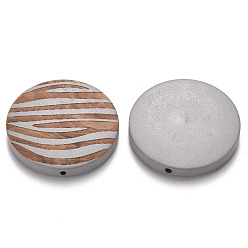 Silver Painted Natural Wood Beads, Laser Engraved Pattern, Flat Round with Zebra-Stripe, Silver, 30x5mm, Hole: 1.6mm
