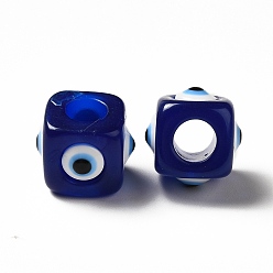 Bleu Moyen  Mauvais œil en résine perles européennes, perle avec trou grande, cube, bleu moyen, 12.5x14~14.5x14~14.5mm, Trou: 6mm