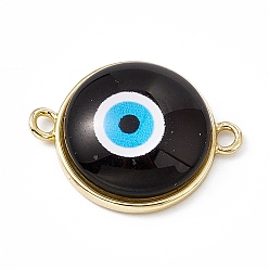 Noir Charmes de connecteur en résine mauvais œil, maillons ronds plats, avec les accessoires en laiton de tonalité d'or, noir, 16.5x22x5mm, Trou: 1.8mm