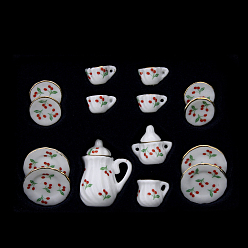 Cerise Mini service à thé en porcelaine, y compris les théières en pièces, 2 tasses à thé en pièces, 5 vaisselle pc, pour accessoires de maison de poupée, faire semblant de décorations d'accessoires, motif de cerise, 8mm, 121x86x25 pièces / kit
