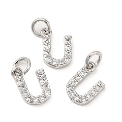 Real Platinum Plated Brass Micro Pave Grade AAA Cubic Zirconia Charms, Letter U, Cadmium Free & Nickel Free & Lead Free, Real Platinum Plated, 9x6x1.5mm, Hole: 2mm