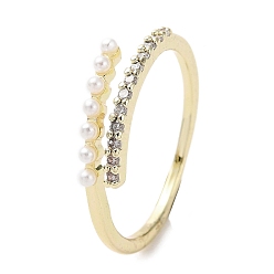 Real 18K Gold Plated Clear Cubic Zirconia Curff Ring with ABS Imitation Pearl Beaded, Adjustable Brass Ring, Real 18K Gold Plated, Inner Diameter: 17mm
