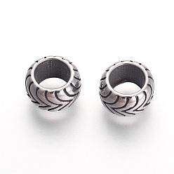 Antique Silver 304 Stainless Steel European Beads, Rondelle, Antique Silver, 9x6mm, Hole: 6mm