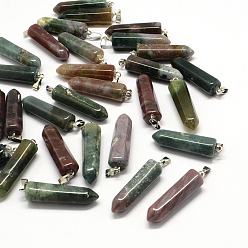 Indian Agate Pencil Natural Indian Agate Point Pendants, with Platinum Tone Brass Findings, 36x9~10x9~10mm, Hole: 2x7mm