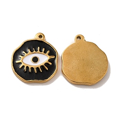 Black Ion Plating(IP) 304 Stainless Steel Charms, with Enamel, Flat Round with Evil Eye, Real 18K Gold Plated, Black, 21x18.5x2.5mm, Hole: 1.4mm