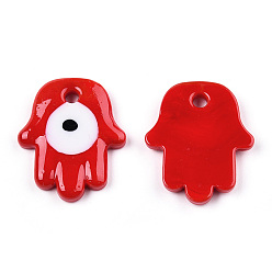 Red Opaque Handmade Lampwork Pendants, Hamsa Hand with Evil Eye, Red, 35x29x4.5~5.5mm, Hole: 4mm