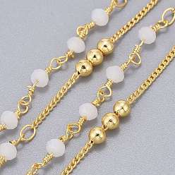 White Handmade Brass Curb Chains, with Faceted Glass Links, Brass Beads and Spool, Soldered, Long-Lasting Plated, Real 18K Gold Plated, White, 1.7x1.3x0.4mm, Beads: 3.5x2.5~3mm and 3mm, about 32.8 Feet(10m)/roll