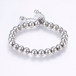 Stainless Steel Color Adjustable 304 Stainless Steel Slider Bracelets, Round, Stainless Steel Color, 10-1/4 inch(26cm), 8mm