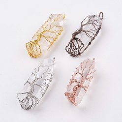 Mixed Color Natural Quartz Crystal Big Pendants, Rock Crystal, with Brass Findings, Column, Mixed Color, 45~56x15~18x5~6.5mm, Hole: 5mm