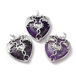 Amethyst Natural Amethyst Heart Pendant Rhinestone Settings, Rack Plating Platinum Plated Brass Wings Charms, Long-Lasting Plated, Fit for 3mm Rhinestone, 37x33x10~11.5mm, Hole: 8x5mm