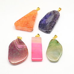 Natural Agate Dyed Natural Agate Pendants with Golden Tone Brass Findings, 40~50x18~30x5~12mm, Hole: 6x5mm