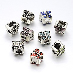 Mixed Color Large Hole Butterfly Alloy Rhinestone Beads, Antique Silver, Mixed Color, 10x11x9mm, Hole: 6x4mm