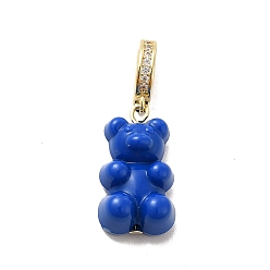 Blue Plastic Bear Dangle Hoop Earrings with Clear Cubic Zirconia, Golden Brass Jewelry for Women, Blue, 32mm, Pin: 1mm