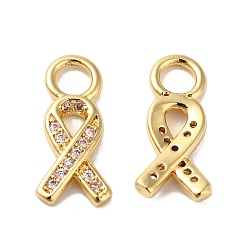 Clear Rack Plating Brass Pave Cubic Zirconia Charms, Lead Free & Cadmium Free, Real 18K Gold Plated, Long-Lasting Plated, Awareness Ribbon Charm, Clear, 14x6.5x2mm, Hole: 3mm