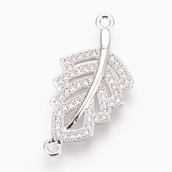Platinum Brass Micro Pave Cubic Zirconia Links, Lead Free & Cadmium Free & Nickel Free, Long-Lasting Plated, Leaf, Clear, Platinum, 26x12.5x2.5mm, Hole: 1.2mm