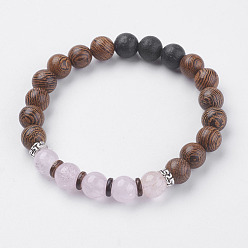 Rose Quartz Natural Lava Rock Beads Stretch Bracelets, with Wenge Wood Beads, Rose Quartz, Coconut and Alloy Finding, 2 inch(50~52mm)