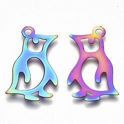 Rainbow Color Ion Plating(IP) 201 Stainless Steel Pendants, Etched Metal Embellishments, Penguin, Rainbow Color, 25x15x0.3mm, Hole: 1.8mm