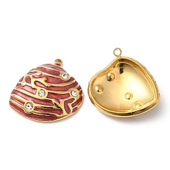 Indian Red 304 Stainless Steel Rhinestone Pendants, with Enamel, Shell Charms, Golden, Indian Red, 19.5x19x5mm, Hole: 1.2mm