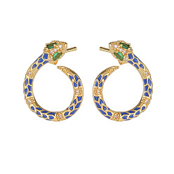 Blue Cubic Zirconia Snake Stud Earrings with Enamel, Golden Plated Brass Jewelry for Women, Blue, 20.5x17mm