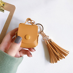 Marron Sablonneux Étui de transport pour écouteurs sans fil en similicuir, pochette de rangement pour écouteurs, avec porte-clés et pompon, forme de sac à main, Sandy Brown, 135mm
