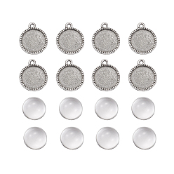 Antique Silver DIY Pendants Making, with Tibetan Style Alloy Pendant Cabochon Settings and Clear Half Round Glass Cabochons, Flat Round, Antique Silver, Cabochons: 13.5~14x6.5~7mm, Settings: 20x16.5x2mm, 2pcs/set