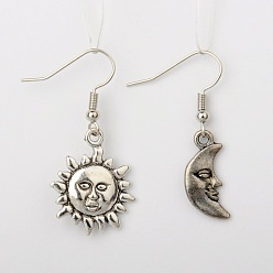 Mixed Color Tibetan Style Alloy Sun and Moon Earrings, with Brass Earring Hooks, Platinum and Antique Silver, Mixed Color, 34~38mm, Pin: 0.7mm