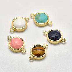 Mixed Stone Gemstone Links connectors, with Brass Findings, Flat Round, Faceted, Golden, 19x12x5.5mm, Hole: 1mm