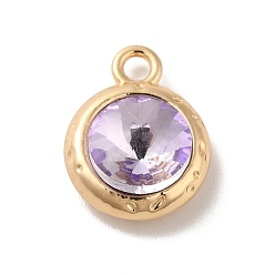 Lilac Glass Pendants, Rack Plating Golden Alloy Findings, Nickel Free, Flat Round Charms, Lilac, 15x11.5x6mm, Hole: 2mm
