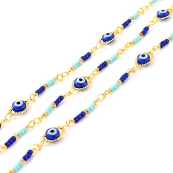 Colorful Handmade Brass Link Chains, with Glass Evil Eye & Seed Beads, Long-Lasting Plated, Soldered, with Spool, Rhombus, Golden, Colorful, Link: 10x6x3.5mm, 10.5x2mm