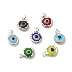 Mixed Color 304 Stainless Steel with Glass Enamel Charms, Stainless Steel Color, Flat Round with Evil Eye Pattern, Mixed Color, 9.5x6.5x2.5mm, Hole: 1.6mm