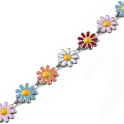 Stainless Steel Color 304 Stainless Steel Flower Link Chains, with Colorful Enamel, Soldered, with Spool, Stainless Steel Color, 10x1~2mm