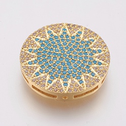 Doré  Perles de zircone cubique micro-pavées en laiton écologiques, sans plomb et sans cadmium, plat et circulaire avec soleil, or, 19.5x3.5mm, Trou: 1mm