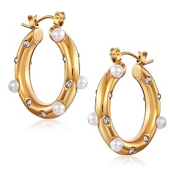 Oro Aros de perlas de concha con circonitas cúbicas, 430 pendientes de medio aro de acero inoxidable para mujer, dorado, 25x4 mm, pin: 1 mm