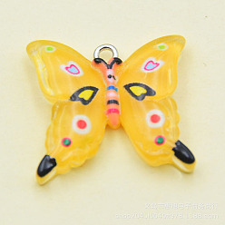 Yellow Transparent Resin Pendants, with Platinum Tone Iron Loops, Butterfly Charms, Yellow, 23x24.5x5mm, Hole: 2mm
