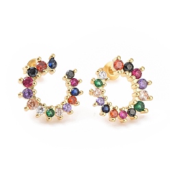 Colorful Golden Tone Brass Micro Pave Cubic Zirconia Stud Earring, Ring, Colorful, Colorful, 15x14mm, Pin: 1mm