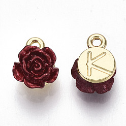Light Gold Rack Plating Alloy Charms, with ABS Plastic, Cadmium Free & Lead Free, Rose Flower with Letter K, Dark Red, Light Gold, 10.5~11.5x8.5x5mm, Hole: 1.4mm